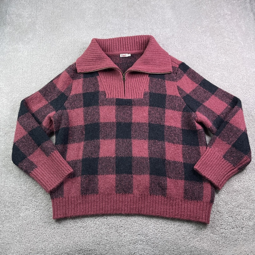 Faherty Sweater Womens XL Red Buffalo Plaid‎ Saturday Pullover Alpaca Oversized